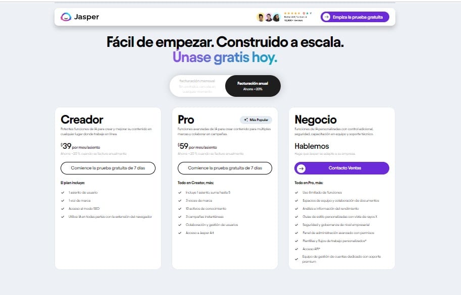 Jasper planes y precios