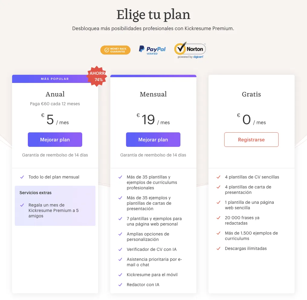 Planes de pago de kickresume